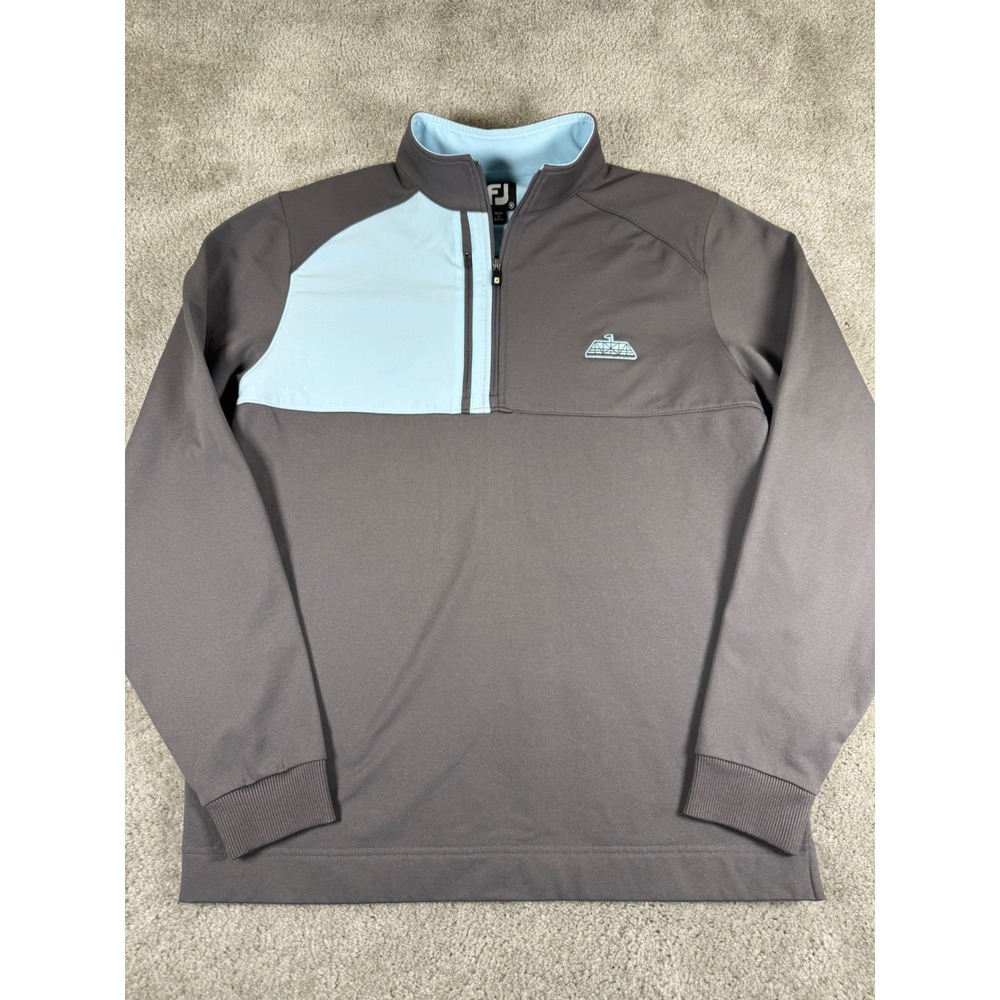 FootJoy Mens Gray Light Blue Quarter Zip Golf Pullover Sweater Medium FJ Logo